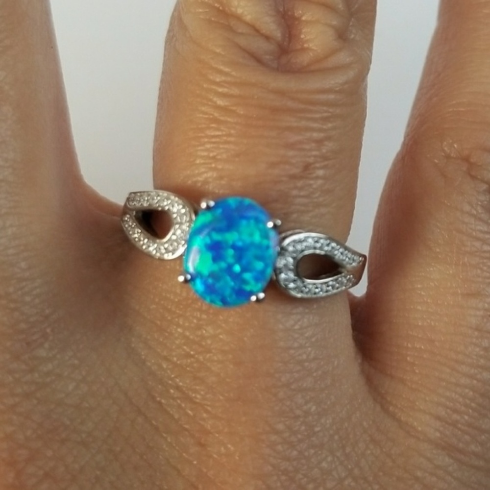  Sterling Silver Blue Lab Opal CZ Ring Size 7